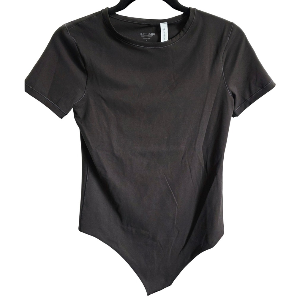 Athleta M Bodymove Brown Short Sleeve Crew Neck Thong Bodysuit NEW - Picture 3 of 12